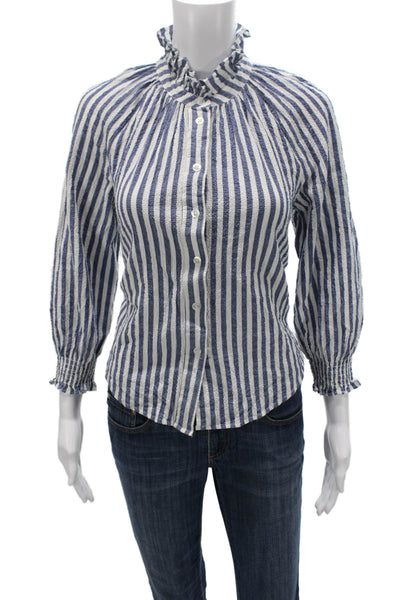 Veronica Beard Women Basic Striped Mock Neck Button Long Sleeve Blouse Size 8