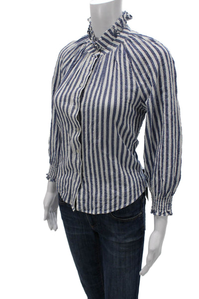 Veronica Beard Women Basic Striped Mock Neck Button Long Sleeve Blouse Size 8