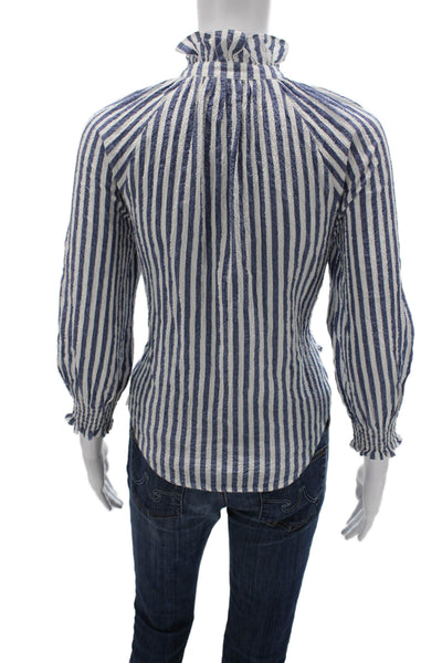 Veronica Beard Women Basic Striped Mock Neck Button Long Sleeve Blouse Size 8