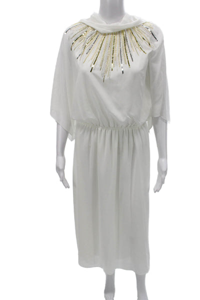 Halston Womens Blouson Dress White Cowl Neck Half Sleeve Knee Length Size L