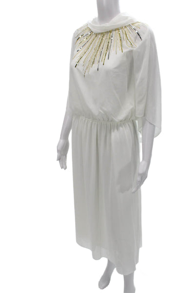 Halston Womens Blouson Dress White Cowl Neck Half Sleeve Knee Length Size L