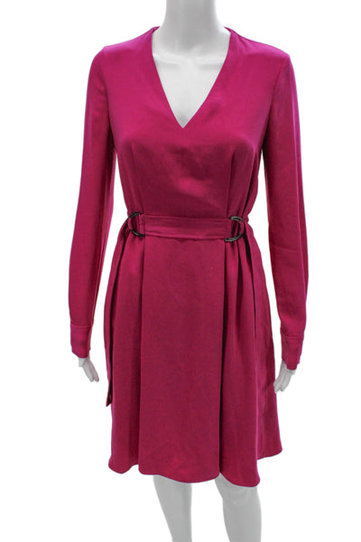 Karen Millen Womens Fit & Flare Pink V-Neck Long Sleeve Knee Dress Size 4