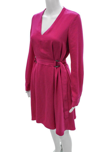 Karen Millen Womens Fit & Flare Pink V-Neck Long Sleeve Knee Dress Size 4
