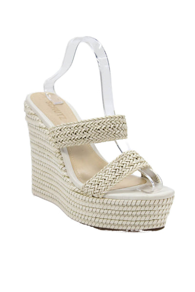 Schutz Womens Woven Leather Slip On Platform Wedge Heels Shoes White Size 9B