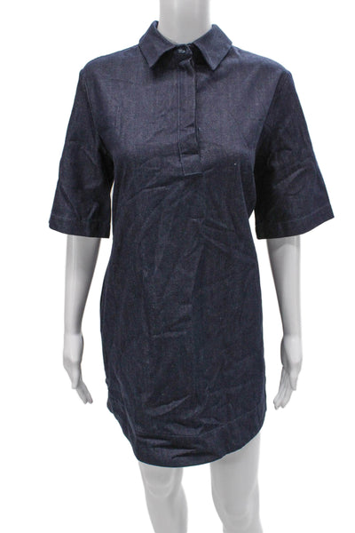 Zara Women Shirt Dress Blue Cotton Half Sleeve Collared Button Mini Size M