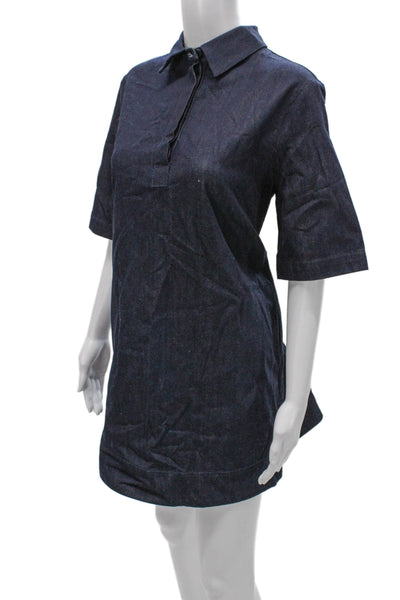 Zara Women Shirt Dress Blue Cotton Half Sleeve Collared Button Mini Size M