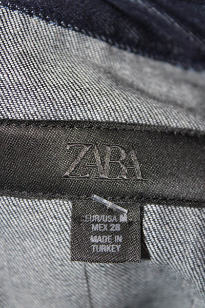 Zara Women Shirt Dress Blue Cotton Half Sleeve Collared Button Mini Size M
