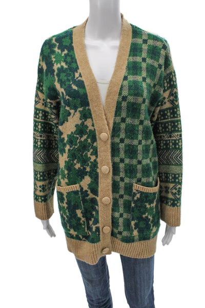 Zara Women Green Plaid V-Neck Acrylic Cardigan Long Sleeve Holiday Size S