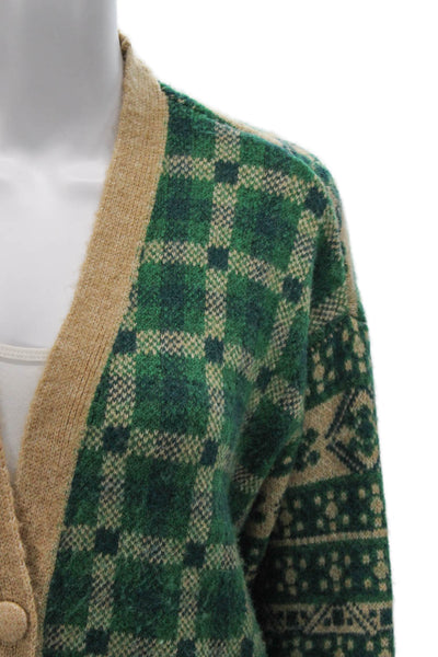 Zara Women Green Plaid V-Neck Acrylic Cardigan Long Sleeve Holiday Size S