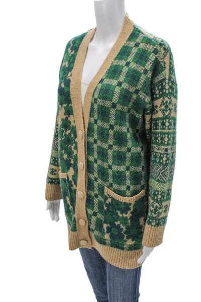 Zara Women Green Plaid V-Neck Acrylic Cardigan Long Sleeve Holiday Size S