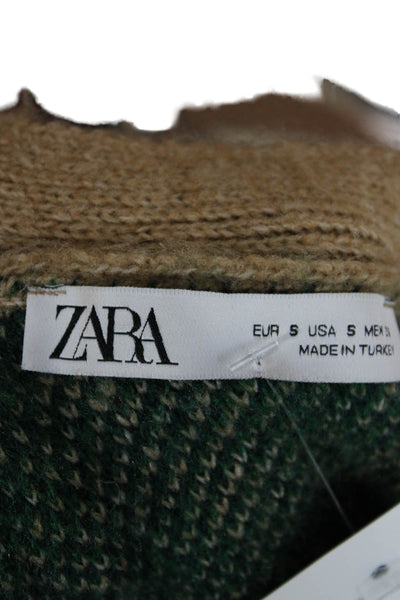 Zara Women Green Plaid V-Neck Acrylic Cardigan Long Sleeve Holiday Size S