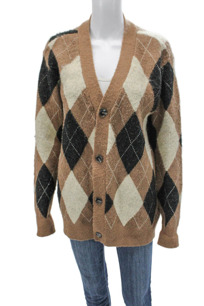 WAO Womens Cardigan Sweater V-Neck Argyle Brown Acrylic Long Sleeve Size S