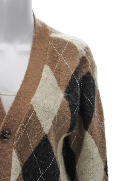 WAO Womens Cardigan Sweater V-Neck Argyle Brown Acrylic Long Sleeve Size S