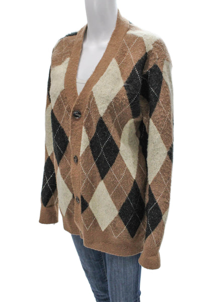 WAO Womens Cardigan Sweater V-Neck Argyle Brown Acrylic Long Sleeve Size S