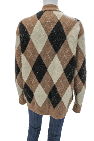WAO Womens Cardigan Sweater V-Neck Argyle Brown Acrylic Long Sleeve Size S