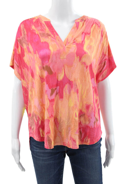 Renuar Women Basic Floral Rayon V-Neck Short Sleeve Blouse Multicolor Size L
