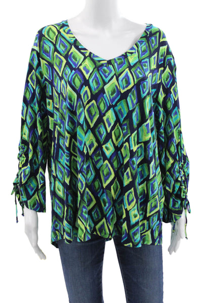 Pure Essence Women Blue Geometric V-Neck 3/4 Sleeve Rayon Blouse Size 2XL