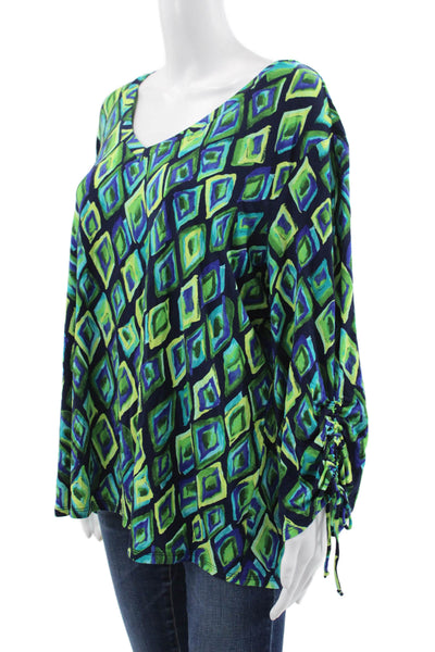 Pure Essence Women Blue Geometric V-Neck 3/4 Sleeve Rayon Blouse Size 2XL