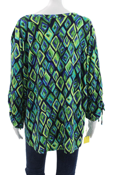 Pure Essence Women Blue Geometric V-Neck 3/4 Sleeve Rayon Blouse Size 2XL