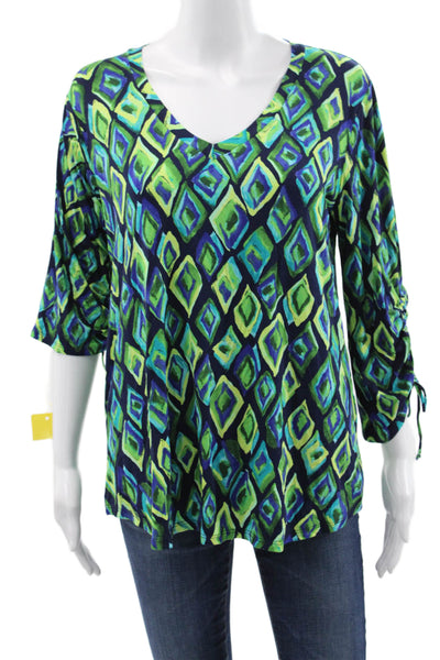 Pure Essence Women Geometric V-Neck 3/4 Sleeve Pullover Blouse Green Size M