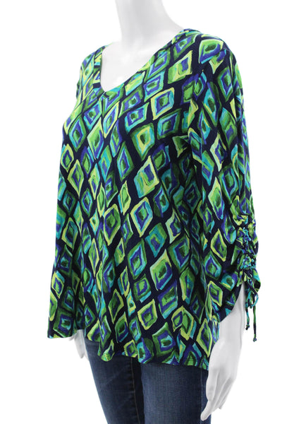 Pure Essence Women Geometric V-Neck 3/4 Sleeve Pullover Blouse Green Size M