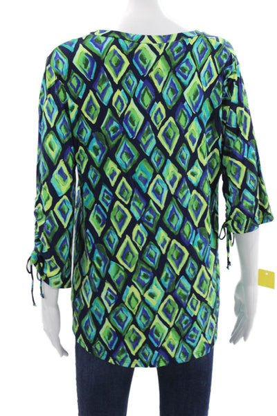 Pure Essence Women Geometric V-Neck 3/4 Sleeve Pullover Blouse Green Size M