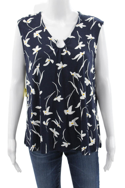Pure Essence Women Sleeveless Floral V-Neck Basic Blouse Blue Size XL