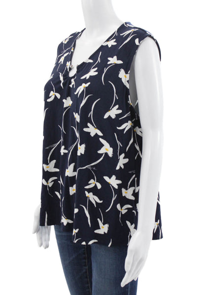 Pure Essence Women Sleeveless Floral V-Neck Basic Blouse Blue Size XL
