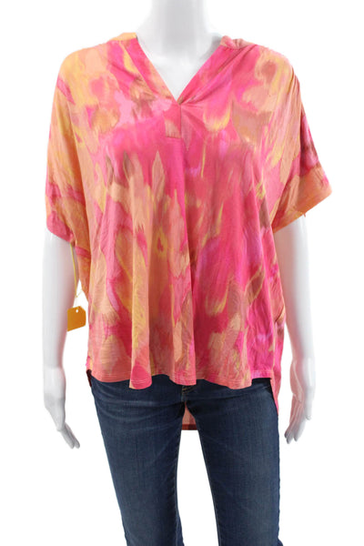 Renuar Women Tunic Pink Rayon V Neck Abstract Tie Dye Short Sleeve Size 2XL