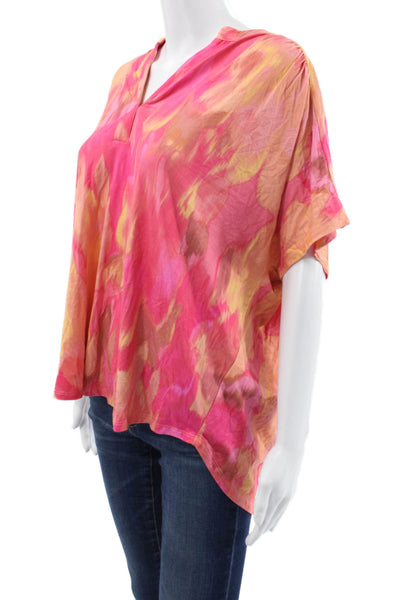 Renuar Women Tunic Pink Rayon V Neck Abstract Tie Dye Short Sleeve Size 2XL