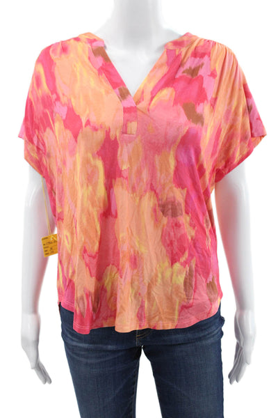 Renuar Womens Basic Multicolor V-Neck Short Sleeve Blouse Size M