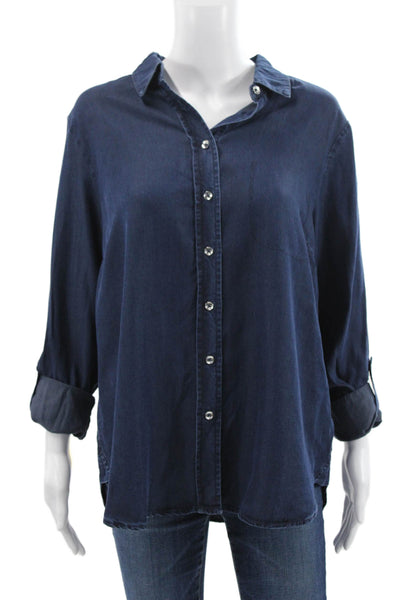 Renuar Women Tunic Collared Blue Tencel Lyocell Long Sleeve Button-Up Size L