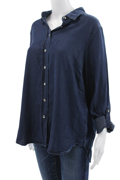 Renuar Women Tunic Collared Blue Tencel Lyocell Long Sleeve Button-Up Size L