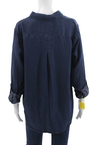 Renuar Women Tunic Collared Blue Tencel Lyocell Long Sleeve Button-Up Size L