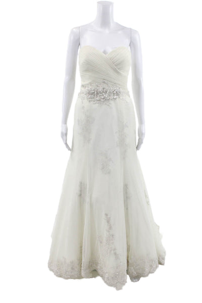 Wtoo Womens Strapless Tulle Lace Overlay Sweetheart Wedding Dress White Size 8