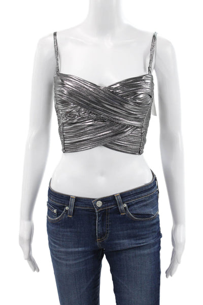 Sabina Musayev Women Cropped Tank Sweetheart Neck Lace Up Silver Size XS