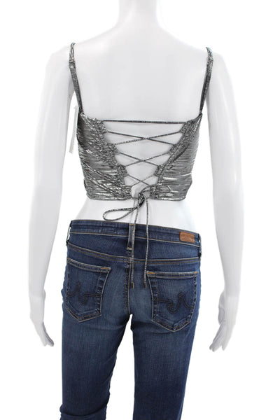 Sabina Musayev Women Cropped Tank Sweetheart Neck Lace Up Silver Size XS