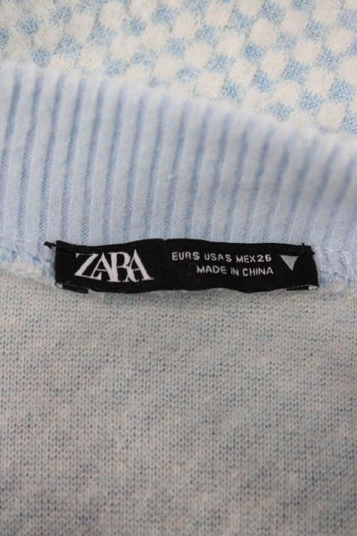 Zara Women Set Blue Check V-Neck Long Sleeve Short Skirt Button Size M