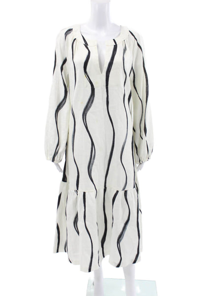 Marita Muurinainen Womens Shift Dress White Linen V-Neck Long Sleeve Size M