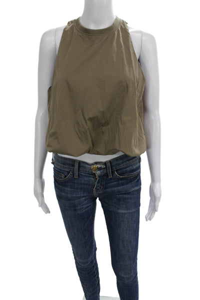 Zara Women Cropped Tank Green High Neck Sleeveless Cotton Zip Size S
