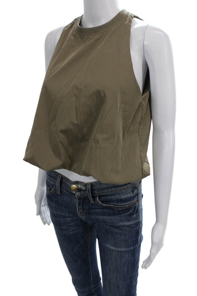 Zara Women Cropped Tank Green High Neck Sleeveless Cotton Zip Size S