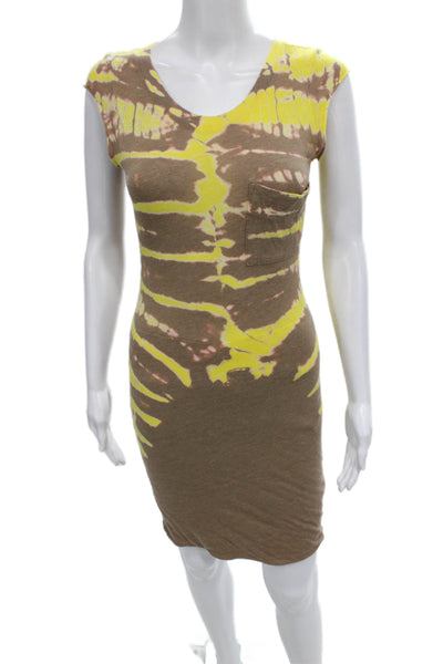 Raquel Allegra Women Bodycon Dress Brown Tie Dye Scoop Neck Short Sleeve Size S