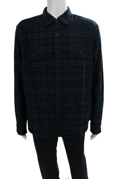 J Crew Mens Button Front Long Sleeve Collared Plaid Shirt Navy Green Size XL