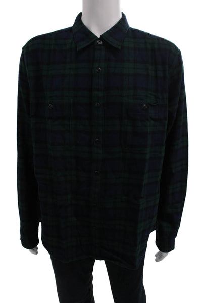J Crew Mens Button Front Long Sleeve Collared Plaid Shirt Navy Green Size XL
