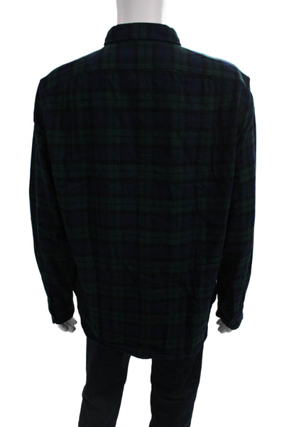 J Crew Mens Button Front Long Sleeve Collared Plaid Shirt Navy Green Size XL