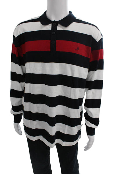 Ponant Mens Long Sleeve Collared Striped Polo Shirt Red Black White Size XL