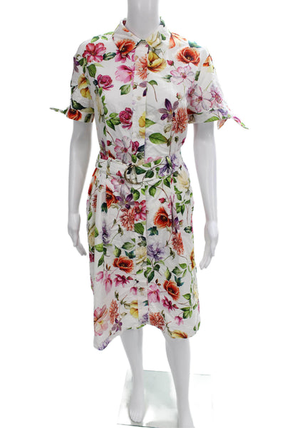 Zara Womens Shirt Dress White Cotton Collared Button Floral Mid-Calf Size XS