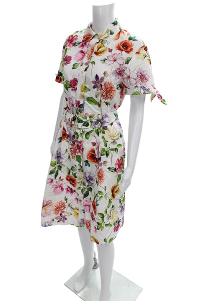 Zara Womens Shirt Dress White Cotton Collared Button Floral Mid-Calf Size XS