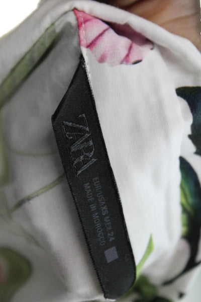 Zara Womens Shirt Dress White Cotton Collared Button Floral Mid-Calf Size XS