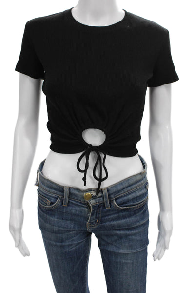 Monrow Women Cropped T-Shirt Black Short Sleeve Round Neck Size XS
